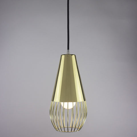 Cone shade and ball cage pendant light in brass finish.