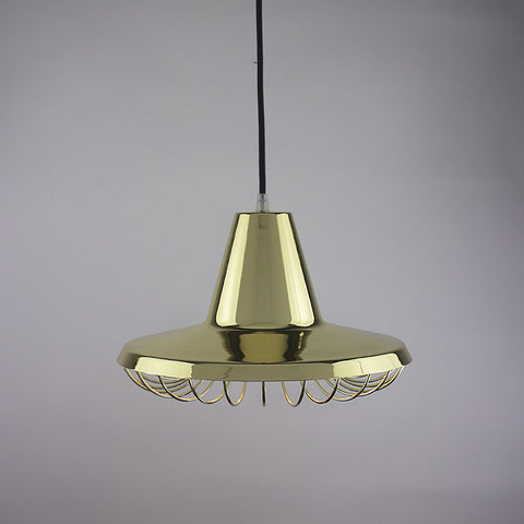 Flare shade and flare cage pendant light in brass finish.