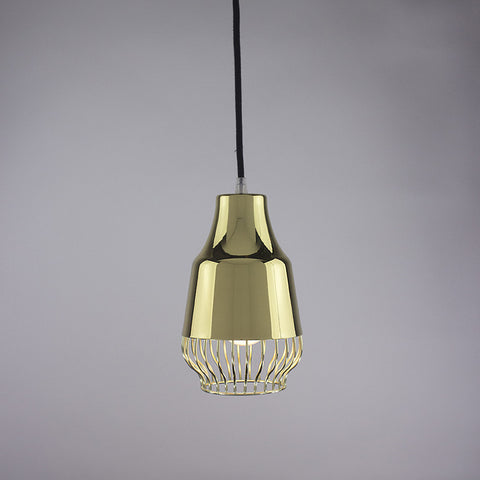 Horn shade and bell cage pendant light in brass finish.