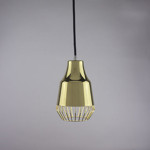 Horn shade and diamond cage pendant light in brass finish.