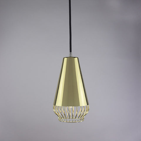 Cone shade and bell cage pendant light in brass finish.
