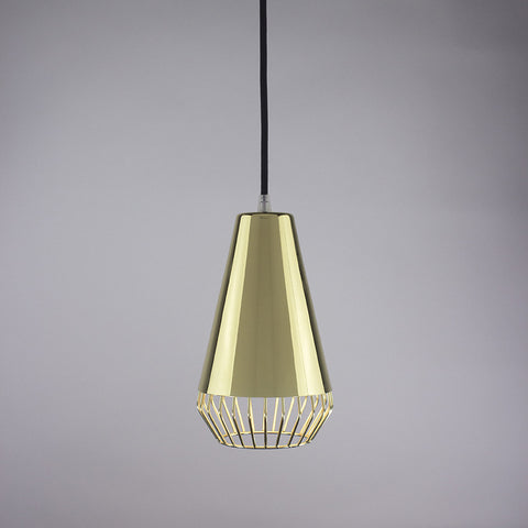 Cone shade and diamond cage pendant light in brass finish.