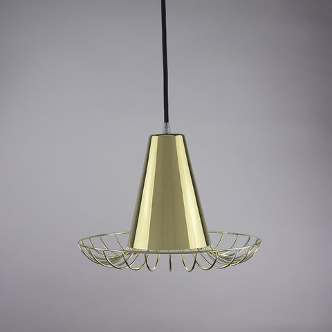 Cone shade and flare cage pendant light in brass finish.