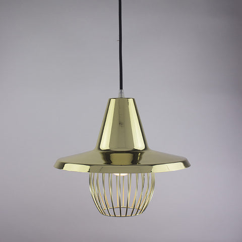 Flare shade and ball cage pendant light in brass finish.