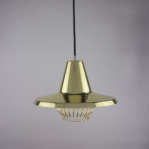 Flare shade and bell cage pendant light in brass finish.