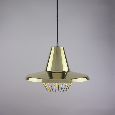 Flare shade and diamond cage pendant light in brass finish.
