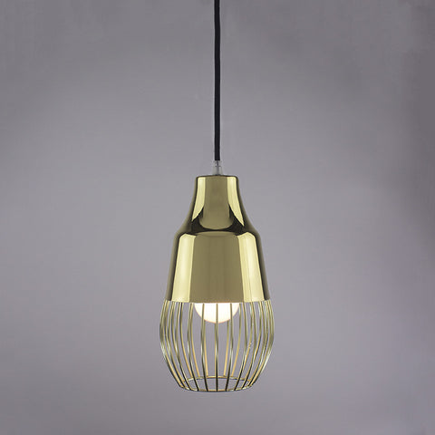 Horn shade and ball cage pendant light in brass finish.