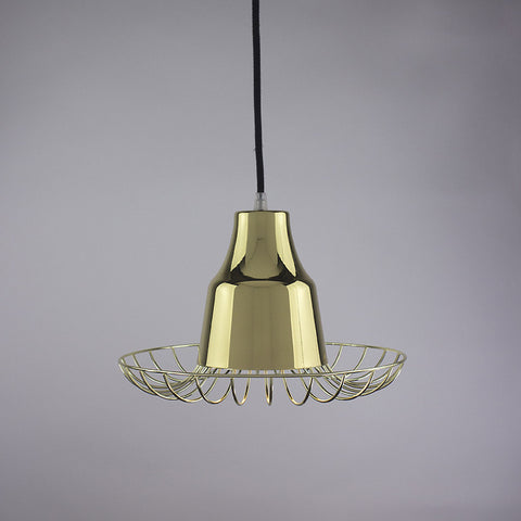 Horn shade and flare cage pendant light in brass finish.