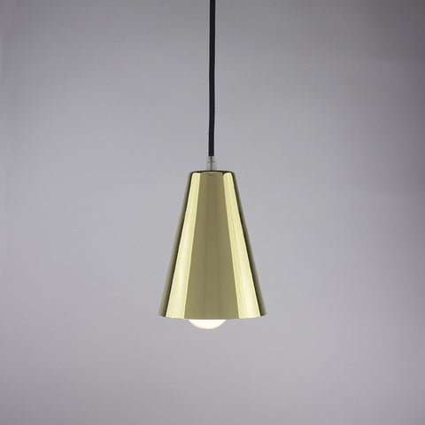 Cone shade pendant light in brass finish.